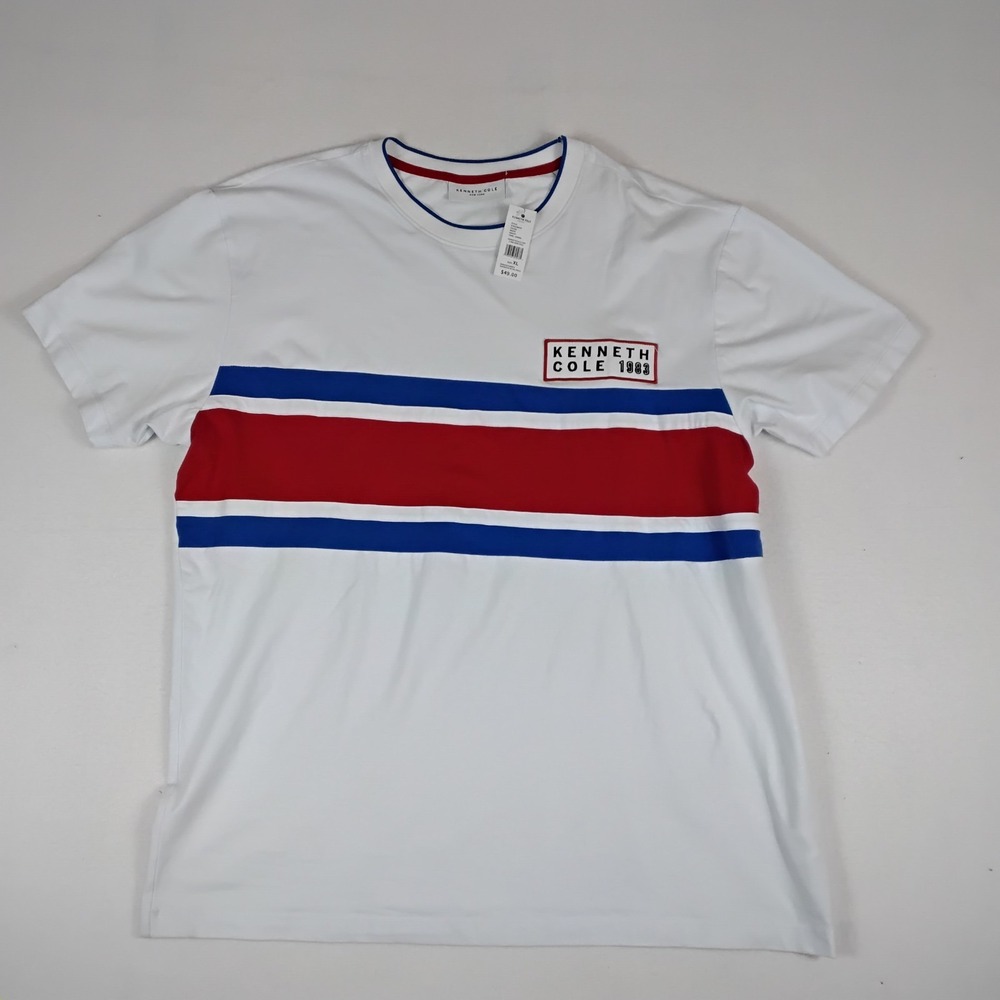 NWT Kenneth Cole Mens White Blue Red Colorblock Graphic T-Shirt Crewneck XL